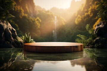 Wooden product display podium with jungle and waterfall background, Tropical rainforest valley...