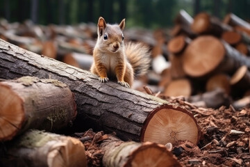 Cute little squirrel looking down at her ruined forest home that people have cut down. Felled forest, ecological catastrophe, deforestation. - obrazy, fototapety, plakaty