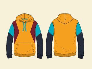 color block hoodie Men Fleece Top fashion flat sketch template. Technical Fashion Illustration.