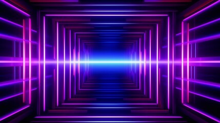 Fototapeta premium Purple grids neon glow light lines design on perspective floor, 3d technology abstract neon light background. Abstract flight in retro neon hyper warp space in the tunnel. 