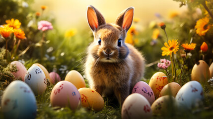Fototapeta na wymiar Easter Delight: Charming Rabbit Among Colorful Eggs in a Lush Spring Meadow Bathed in Golden Light