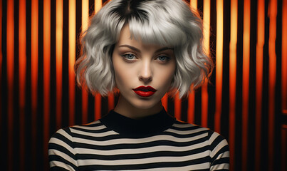 Retro Glamour: Bold Woman with Curled Platinum Bob, Striped Top, and Striking Red Lipstick