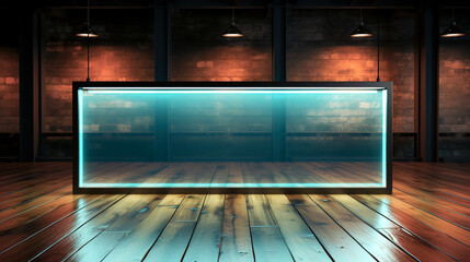 Front view of transparent podium and blank space in dark interior background.