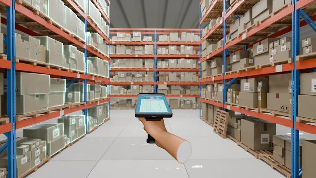 Handheld RFID Scanner or RFID Gun scanning inventory in a warehouse. 4k 3D animation.