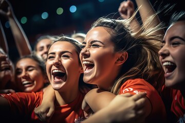 Triumphant Unity Women Team Volleyball Players Erupt in Excitement of Victory, Celebrating a Collective Triumph on the Court. created with Generative AI