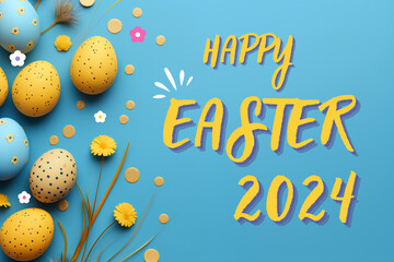 Happy Easter 2024 with easter eggs for greetings and promotion