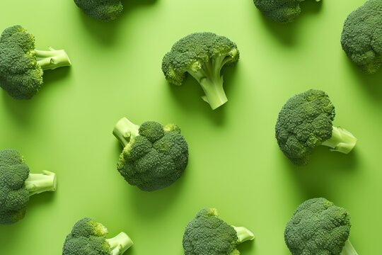 Fresh Broccoli Florets on Green Background
