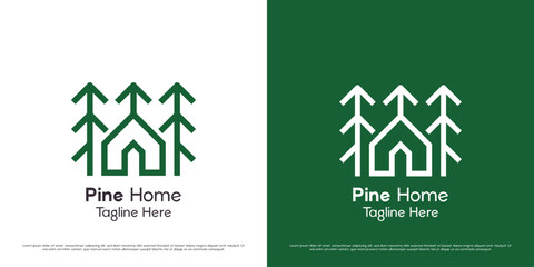 Pine house logo design illustration. Pine forest tree bio house building silhouette. Simple minimalist icon symbol for natural village accommodation.