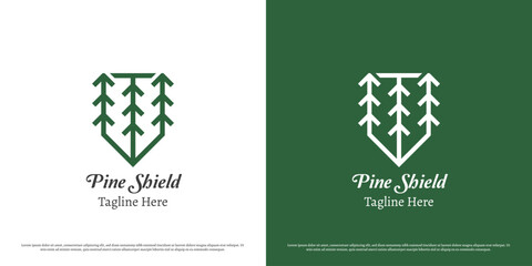 Pine shield logo design illustration. Silhouette of tree shield leaf plant nature eco bio botanical. Modern minimal simple garden park guard icon. - obrazy, fototapety, plakaty