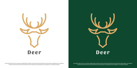 Deer head logo design illustration. Silhouette line art shape mascot head antlers animal deer mountains forest wildlife. Flat icon concept minimal minimalist simple modern bold geometric masculine.