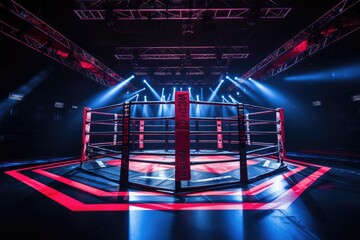 Boxing ring in a dark room with red lights and smoke, Boxing fight ring, boxing arena for intended for MMA matches, AI Generated - obrazy, fototapety, plakaty