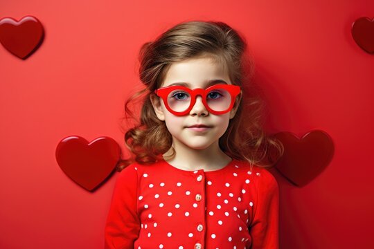 Little girl in red glasses on a red background. Valentine's Day, beautiful kid wearing stylish big red glasses on valentine day, AI Generated