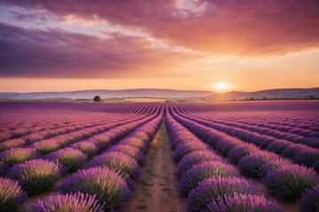 Scenic lavender fields at sunset