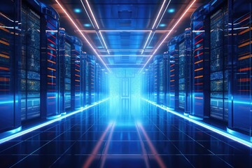 Server room data center corridor with bright glowing lights. 3D rendering, Big data center technology warehouse with servers for information digitalization starts, AI Generated