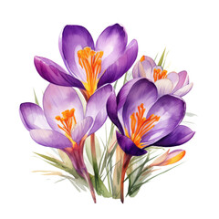 Fototapeta premium Beautiful Vibrant Purple Crocus Flowers Bouquet Botanical Watercolor Painting Illustration