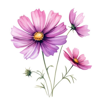 Three Purple Cosmos Flowers Botanical Watercolor Painting Illustration