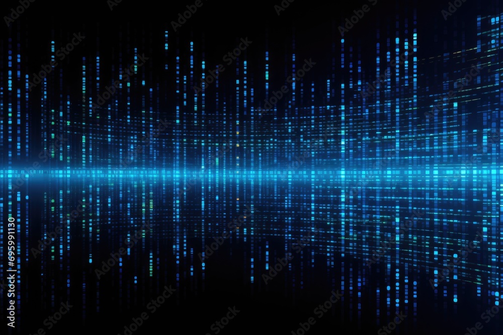 Poster Abstract technology background. Vector illustration. Blue digital binary code on black background, Abstract binary background for hackathon and other digital events, AI Generated