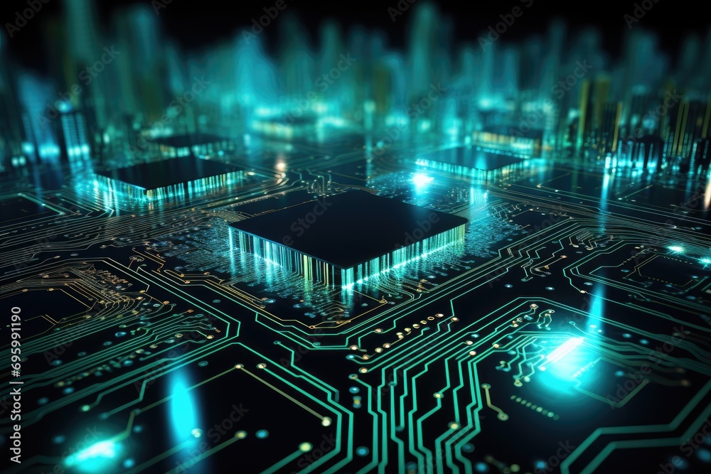 Poster circuit board with electronic components close-up. 3d rendering, abstract computer circuit board and