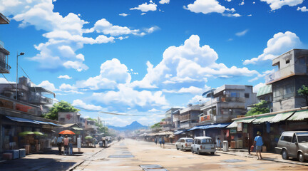 Scene of a small town in latin america, open sky and clouds, digital illustration - obrazy, fototapety, plakaty