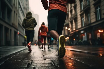 Runners Pacing through the City Streets on a Rainy Day