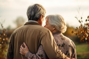 Back view of senior couple embracing in the countryside
