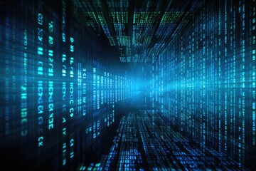 binary code on blue background, computer generated abstract background, 3d render, abstract stock market data on digital screen, closeup with selective focus and bokeh, AI Generated