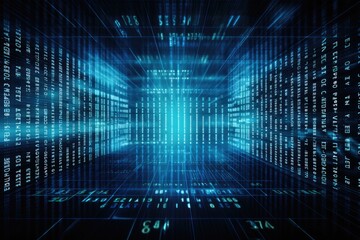 Blue technology background with binary code. 3d rendering toned image, abstract stock market data on digital screen, closeup with selective focus and bokeh, AI Generated