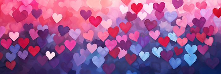 Valentines day watercolor abstract hearts background banner, art aquarelle painting illustration. Panoramic web header with copy space. Wide screen wallpaper