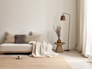 Calm and clean minimalist home interior in beige tones, empty wall template for art poster or artwork placement, contemporary room interior