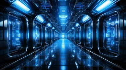 Fototapeta premium Hi-tech futuristic corridor with blue neon lights. Technology and science fiction concept