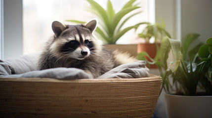 Cute tame raccoon resting in a pet bed