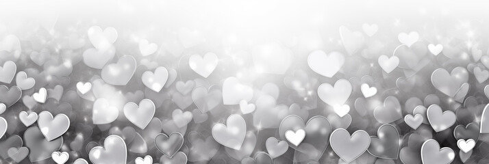 Beautiful light background banner with silver and white hearts. Valentine's Day. Panoramic web header with copy space. Wide screen wallpaper