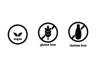 gluten free, vegan, lactose free labels healthy foods badges, black and white version, vector set