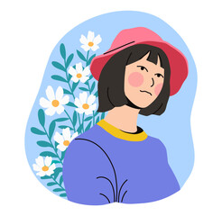 flat character portrait of a cool girl with a hat in street fashion style with flowers in the background