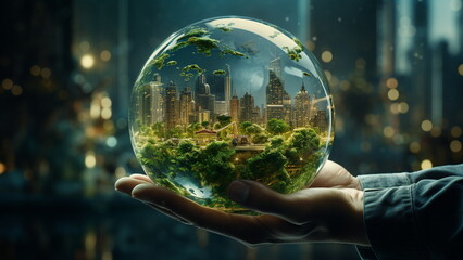a portrait of a hand holding an ad with the planet earth green, in the style of urban cityscapes, bokeh panorama