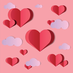 Valentines day card with paper hearts and clouds. Paper cut and craft style red heart.Vector paper art illustration.Romantic background for Valentine's Day