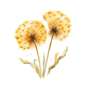 Puffy Yellow Dandelion Flower Botanical Watercolor Painting Illustration