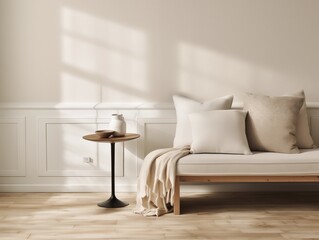 Calm and clean minimalist home interior in beige tones, empty wall template for art poster or artwork placement, contemporary room interior