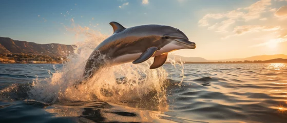 Foto auf Acrylglas Sunset Leap: Dolphin Arcing over Sea at Dusk © ISLASH