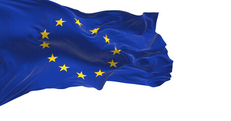 group of flags of the European Union waving in the wind