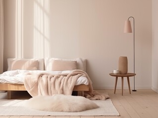Calm and clean minimalist home interior in beige tones, empty wall template for art poster or artwork placement, contemporary room interior