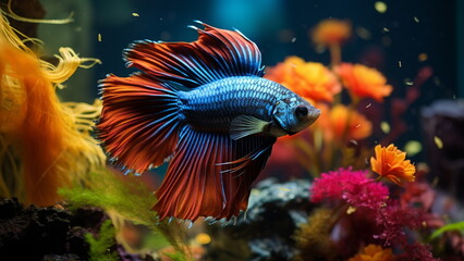 Exotic betta fish swimming in a peaceful colorful vibrant aquarium with Generative AI