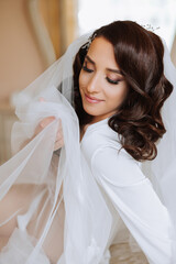 A beautiful brunette bride with a tiara in her hair is getting ready for the wedding in a beautiful...