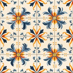 Fototapeta na wymiar Colorful geometric and floral azulejo tile pattern on vintage portuguese or spanish retro wall tiles