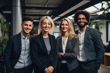 Group portrait of smiling young diverse business people in office