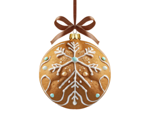 Fictional gingerbread Christmas bauble beautifully decorated with icing. Unique Christmas bauble. Merry Christmas cookies. Transparent background isolated object. Xmas holiday season. Sweet pastry.
