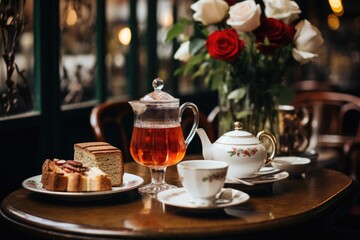 Elegant teapot on table in cozy cafe