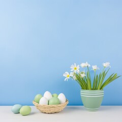 Obraz premium green and white easter eggs in a basket, spring flowers in a green pot on pastel blue background. Minimal pastel easter concept. Generative AI