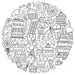 Hand-Drawn Doodles Themed On Sweets, Including A Set Of Pictures With Cakes, Candies, And Other Treats For Stress-Relieving Coloring