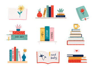 Set of vector illustrations of colorful piles, stack of books, open books